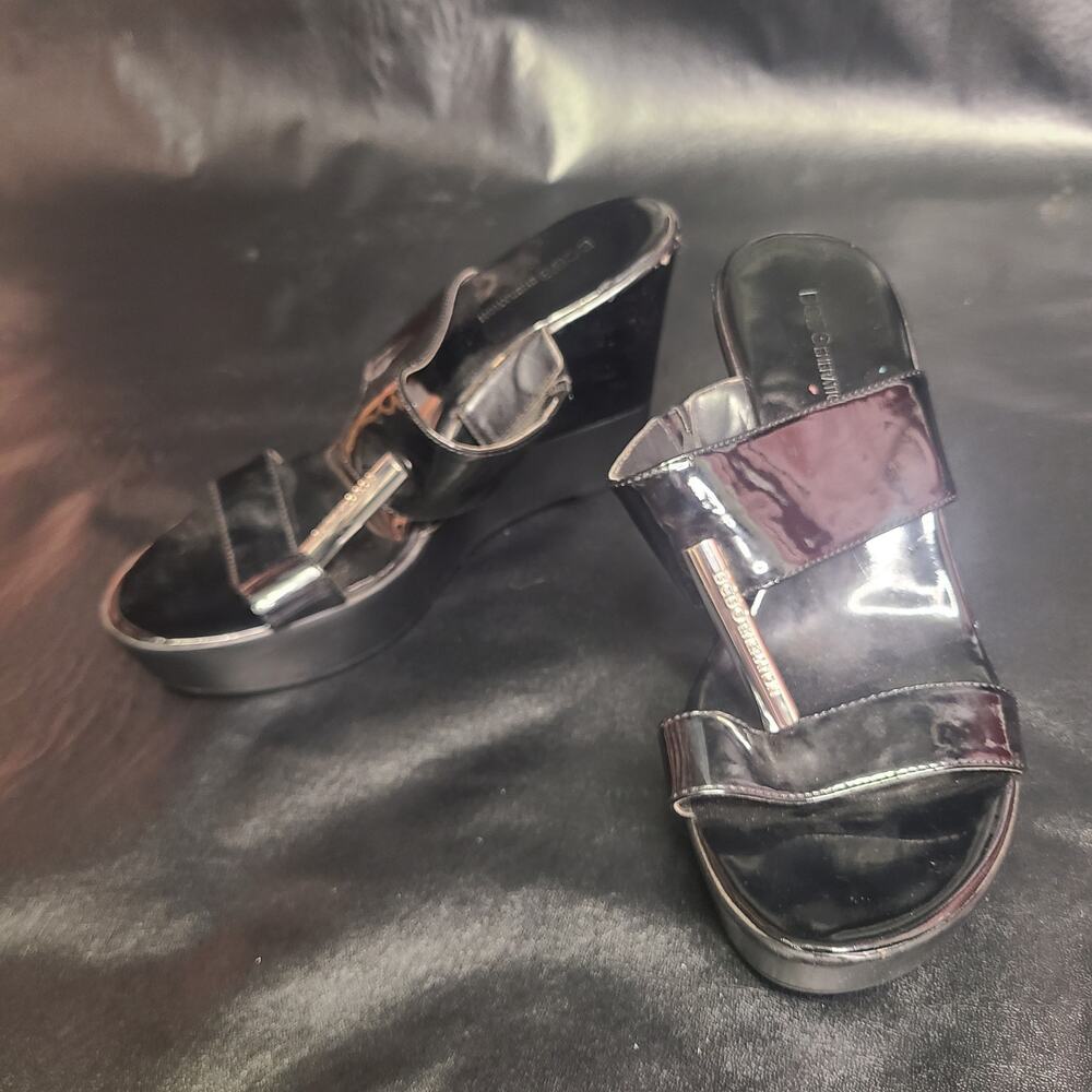 BCBG black patent leather wedge slides size 9